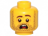 Yellow Minifigure, Head Dark Brown Beard Stubble, Dark Brown Eyebrows, Left Raised, Open Mouth, Teeth and Tongue, Scared Pattern - Hollow Stud