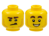 Yellow Minifigure, Head Dual Sided Stubble, Dimpled Chin, Angry Scowl with Tongue / Smile with Teeth Pattern - Hollow Stud