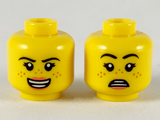Yellow Minifigure, Head Dual Sided Female Black Eyebrows, Medium Nougat Freckles, Dark Pink Lips, Open Smile / Scared Pattern - Hollow Stud