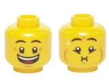 Yellow Minifigure, Head Dual Sided Eyebrows, Crow's Feet, Open Mouth Big Smile / Queasy Expression with Sweat Drop Pattern - Hollow Stud