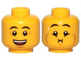 Yellow Minifigure, Head Dual Sided Eyebrows, Crow's Feet, Open Mouth Smile / Queasy Expression with Sweat Drop Pattern - Hollow Stud
