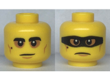 Yellow Minifigure, Head Dual Sided Black Eyebrows and Mole, Medium Nougat Cheek Lines, Baggy Eyes / Frown with Black Mask Pattern - Hollow Stud