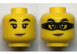 Yellow Minifigure, Head Dual Sided Female Black Eyebrows, Peach Lips and Closed Mouth Smirk / Black Mask Pattern - Hollow Stud