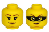 Yellow Minifigure, Head Dual Sided Female Brown Eyebrows, Peach Lips, Chin Dimple and Closed Mouth Smirk / Black Mask Pattern - Hollow Stud