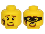 Yellow Minifigure, Head Dual Sided Brown Eyebrows and Goatee, Bandage, Sad / Scared Face with Black Mask Pattern - Hollow Stud