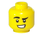 Yellow Minifigure, Head Black Eyebrows, Left Lowered, Lopsided Grin, Sly Expression Pattern - Hollow Stud