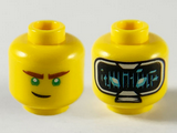 Yellow Minifigure, Head Dual Sided, Reddish Brown Eyebrows, Green Eyes, Lopsided Grin Further Right / HUD with Black Screen, Medium Azure Highlights Pattern - Hollow Stud