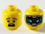 Yellow Minifigure, Head Dual Sided Reddish Brown Eyebrows with Scar, Surprised / HUD with Black Screen, Medium Azure Highlights Pattern - Hollow Stud