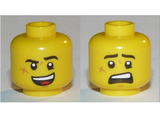 Yellow Minifigure, Head Dual Sided Black Eyebrows, Cut on Cheek, Open Mouth Smile / Scared Pattern - Hollow Stud
