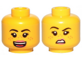 Yellow Minifigure, Head Dual Sided Female Black Eyebrows, Medium Nougat Freckles, Dark Pink Lips, Open Mouth Smile / Disgusted Pattern - Hollow Stud