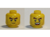 Yellow Minifigure, Head Dual Sided Dark Brown Beard Stubble, Dark Brown Thick Eyebrows, Grumpy / Open Mouth Smile Pattern - Hollow Stud