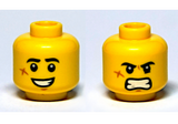 Yellow Minifigure, Head Dual Sided Black Eyebrows, Cut on Cheek, Large Smile with Teeth / Angry Pattern - Hollow Stud