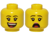 Yellow Minifigure, Head Dual Sided Female Black Eyebrows, Pink Lips, Smile with Teeth and Tongue / Scared Pattern - Hollow Stud