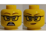 Yellow Minifigure, Head Dual Sided Female, Glasses, Scared / Crooked Smile Pattern - Hollow Stud