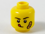 Yellow Minifigure, Head Black Eyebrows, Red Tongue Sticking Out, Medium Nougat Bandage on Left Cheek Pattern - Hollow Stud