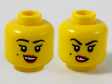 Yellow Minifigure, Head Dual Sided Female, Black Eyebrows and Beauty Mark on Right Cheek, Red Lips and Chipped Tooth, Smile / Sneer Pattern - Hollow Stud