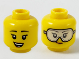 Yellow Minifigure, Head Dual Sided Female, Black Eyebrows, Peach Lips, Smile Showing Teeth / Safety Goggles Pattern - Hollow Stud