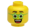 Yellow Minifigure, Head Black Eyebrows, Green Glasses Star Shaped, Large Open Mouth Smile with Teeth and Tongue Pattern - Hollow Stud