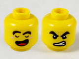 Yellow Minifigure, Head Dual Sided Black Thick Eyebrows, Closed Eyes and Open Mouth / Fierce Pattern - Hollow Stud