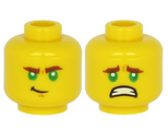 Yellow Minifigure, Head Dual Sided with Reddish Brown Thick Eyebrows, Green Eyes, Chin Dimple, Lopsided Grin / Scared with Teeth Pattern - Hollow Stud