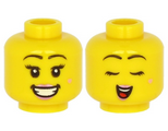 Yellow Minifigure, Head Dual Sided Female Pink Lips and Beauty Mark, Black Eyebrows, Open Mouth with Teeth, Smile / Closed Eyes Pattern - Hollow Stud