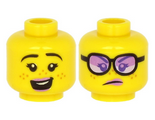 Yellow Minifigure, Head Dual Sided Female Lavender Lips, Black Eyebrows, Freckles, Open Mouth with Teeth, Smile / Angry with Glasses Pattern - Hollow Stud
