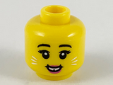 Yellow Minifigure, Head Female Black Eyebrows, White Whiskers, Dark Pink Lips, Gap in Teeth Pattern - Hollow Stud
