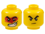 Yellow Minifigure, Head Dual Sided Black Thick Eyebrows, Frown / Large Lopsided Open Mouth Grin with Teeth, Red Paint Splotch Around Eyes Pattern - Hollow Stud