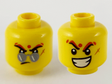 Yellow Minifigure, Head Dual Sided Sunglasses, Dot, Scar, Lopsided Frown / Raised Eyebrows, Wide Open Mouth Grin with White Teeth Pattern - Hollow Stud