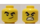 Yellow Minifigure, Head Dual Sided Black Thick Eyebrows and Eyes with White Pupils with Smirk / Angry with Open Mouth with White Teeth Pattern - Hollow Stud