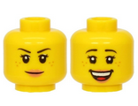 Yellow Minifigure, Head Dual Sided Female Black Eyebrows, Freckles, Eyelashes, Peach Lips, Smile / Open Mouth Smile with Teeth Pattern - Hollow Stud