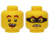 Yellow Minifigure, Head Dual Sided Reddish Brown Thick Eyebrows, Chin Dimple, Open Mouth Smile with Tongue / Angry with Black Mask Pattern - Hollow Stud
