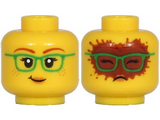 Yellow Minifigure, Head Dual Sided Female, Dark Red Eyebrows, Green Glasses, Peach Lips, Freckles, Lopsided Grin / Covered with Cocoa Pattern - Hollow Stud