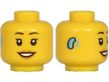 Yellow Minifigure, Head Female Black Eyebrows, Peach Lips, Smile with Open Mouth and Teeth, Hearing Aid Pattern - Hollow Stud