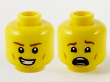 Yellow Minifigure, Head Dual Sided Reddish Brown Eyebrows, Medium Nougat Cheek and Chin Lines, Smile with Teeth / Scared Pattern - Hollow Stud