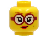 Yellow Minifigure, Head Female Dark Orange Eyebrows, Glasses Round with White Lenses and Dark Red Frames, Beauty Mark, Red Lips, Smile Pattern - Hollow Stud