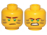 Yellow Minifigure, Head Dual Sided Reddish Brown Eyebrows, Green Eyes, Dark Tan Stripes, Scowl / Angry Pattern (Lloyd) - Hollow Stud