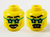Yellow Minifigure, Head Dual Sided Black Eyebrows and Moustache, Dark Turquoise Star Glasses, Gap in Teeth, Smile / Scared Pattern - Hollow Stud