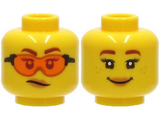 Yellow Minifigure, Head Dual Sided Female, Reddish Brown Eyebrows, Trans-Orange Glasses, Peach Lips, Scowl / Smile with Freckles Pattern - Hollow Stud