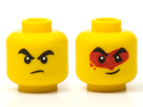 Yellow Minifigure, Head Dual Sided Thick Black Eyebrows, Angry / Smile with Red Eye Mask Pattern - Hollow Stud