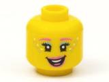 Yellow Minifigure, Head Female Dark Pink Eyebrows and Lips, Medium Azure Eye Shadow and Sprinkles Pattern - Hollow Stud