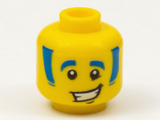Yellow Minifigure, Head Blue Eyebrows and Sideburns with Lopsided Grin with Teeth Pattern - Hollow Stud