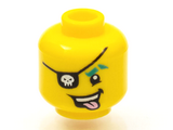 Yellow Minifigure, Head Black Eyepatch with Gold Skull, Dark Turquoise Eyebrow and Bright Pink Tongue Pattern - Hollow Stud
