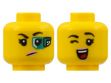 Yellow Minifigure, Head Dual Sided Female, Black Eyebrows, Pink Lips, Wink, Open Smile / Green Eyepiece, Determined Look Pattern - Hollow Stud