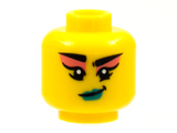 Yellow Minifigure, Head Female Black Eyebrows, Coral Eyeshadow, Smirk with Dark Turquoise Lips Pattern - Hollow Stud
