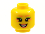 Yellow Minifigure, Head Female, Coral Eyebrows, Eyeshadow and Lips, Lime Eyeshadow Smile Pattern - Hollow Stud