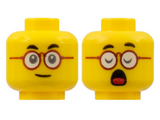 Yellow Minfigure, Head Dual Sided, Black Eyebrows, Dark Red Round Glasses, Neutral / Closed Eyes and Open Mouth with Red Tongue Pattern - Hollow Stud