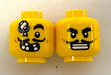 Yellow Minifigure, Head Dual Sided Black Eyebrows, Moustache, Open Mouth Grin, White Teeth / Bandage on Forehead Pattern - Hollow Stud
