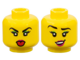 Yellow Minifigure, Head Female, Black Eyebrows and Eyelashes, Bright Green Mascara, Open Mouth Smile, Red Lips Pattern - Hollow Stud