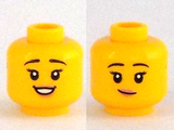 Yellow Minifigure, Head Dual Sided Female Black Eyebrows, Eyelashes, Peach Lips, Open Smile / Lopsided Smile Pattern - Hollow Stud
